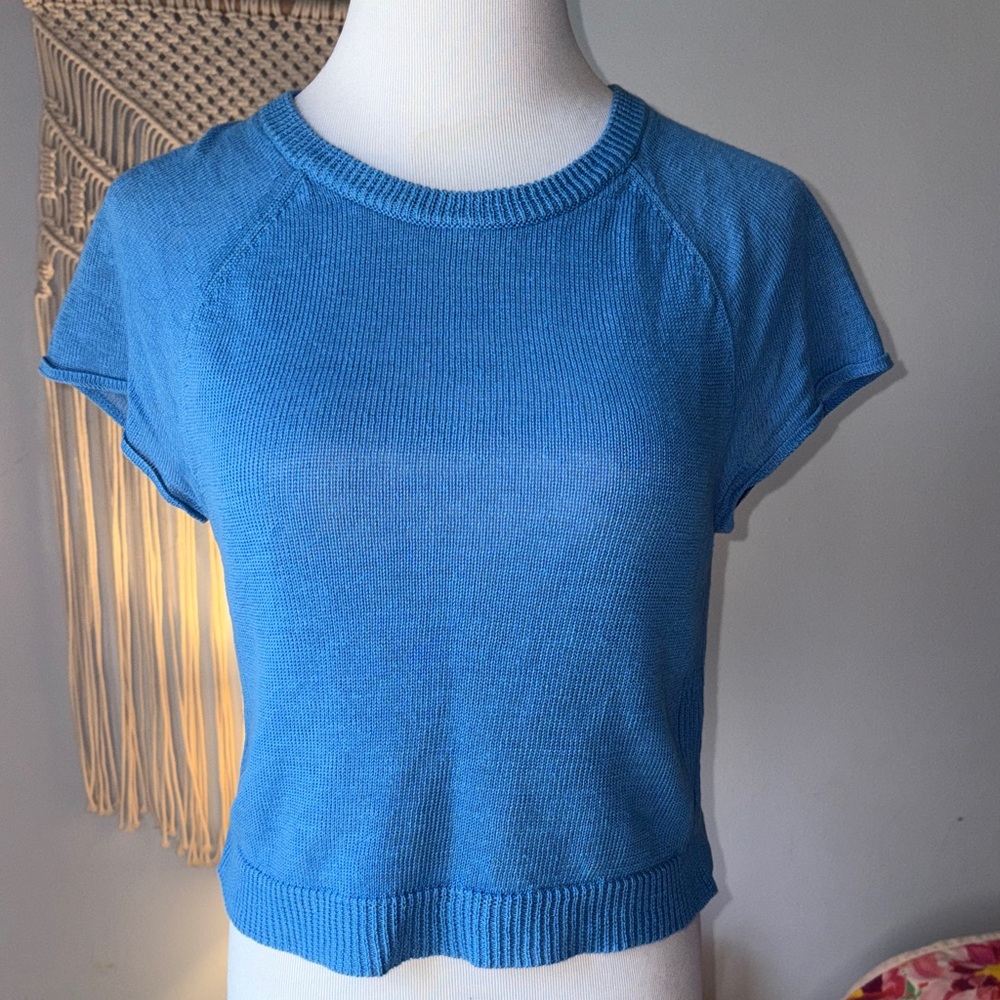 Alice + Olivia Blue Short-Sleeve Linen Knit Top XS